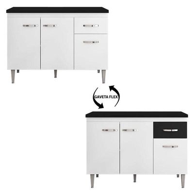 Balcão De Cozinha Gabriela Branco Flex Com Tampo 120 Cm Preto Fosco - Ajl