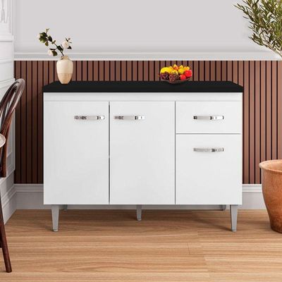 Balcão De Cozinha Gabriela Branco Flex Com Tampo 120 Cm Preto Fosco - Ajl