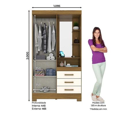Guarda Roupa Solteiro Pequin Nature Off White Com Espelho – Briz Móveis