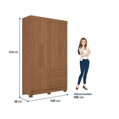Guarda-Roupa Solteiro Santos Andirá Londrina com 4 Portas, 2 Gavetas e 3 Prateleiras 130cm de largura Jatobá