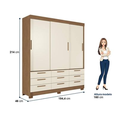 Guarda-Roupa Casal Santos Andirá Morretes com 3 Portas de Correr, 9 Gavetas e 4 Prateleiras 194,4cm de largura Jatobá com Areia