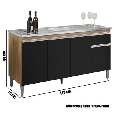 Balcão De Pia Ambiente Tatiane 145 Cm Amêndoa Preto - Ajl