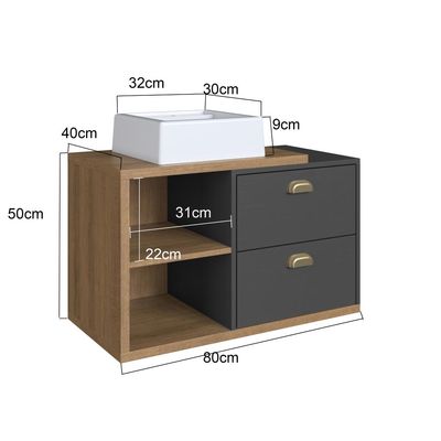 Gabinete de Banheiro Suspenso 80cm Helena com 02 Gavetas Mel/Grafite e cuba Branca