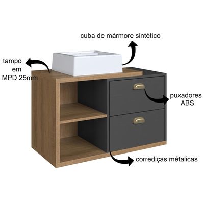 Gabinete de Banheiro Suspenso 80cm Helena com 02 Gavetas Mel/Grafite e cuba Branca