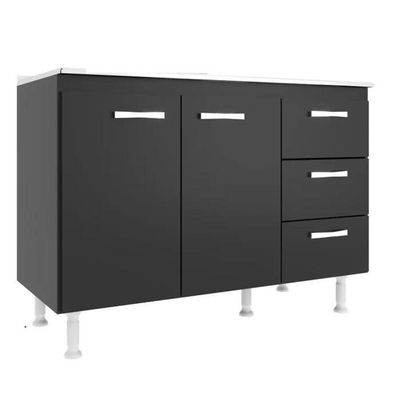 Balcão De Cozinha Sem Pia E Tampo 2 Portas 3 Gavetas Carolina - Black Black