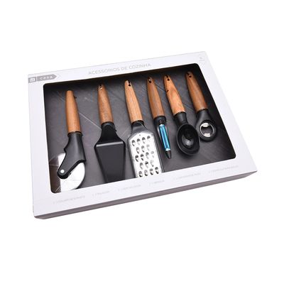 Conjunto de utensílios para Cozinha em Inox com Cabo de Madeira