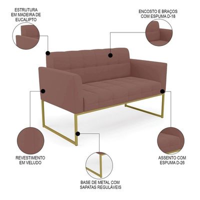Sofá Namoradeira E 1 Poltrona Base Industrial Dourado Ana Veludo Rosê - Ibiza