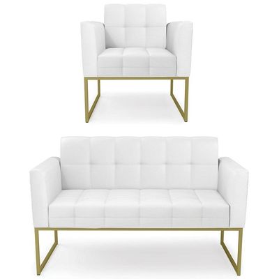 Sofá Namoradeira E 1 Poltrona Base Industrial Dourado Ana Sintético Branco - Ibiza