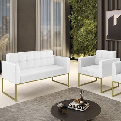 Sofá Namoradeira E 1 Poltrona Base Industrial Dourado Ana Sintético Branco - Ibiza