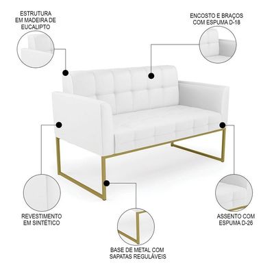 Sofá Namoradeira E 1 Poltrona Base Industrial Dourado Ana Sintético Branco - Ibiza