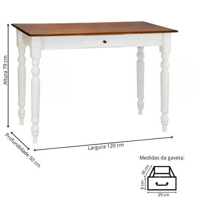 Aparador De Sala Ou Escrivaninha Rústico Madeira 1 Gavetas Com Pés Torneados - Branco Laca Com Tampo Imbuia Glazer