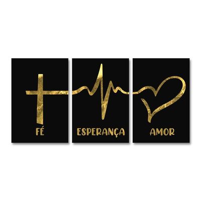 Quadros Decorativos Sala Frase Fé Esperança Amor Kit 3 Placa