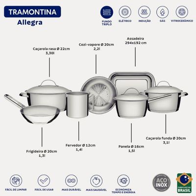 Jogo De Panelas 7 Peças Inox Fundo Triplo Allegra Tramontina Assadeira Frigideira