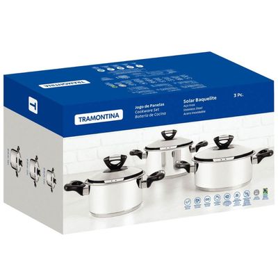 Jogo de Panelas 3 Peças Fundo Triplo Tramontina Solar Baquelite Aço Inox
