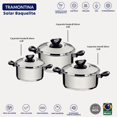 Jogo de Panelas 3 Peças Fundo Triplo Tramontina Solar Baquelite Aço Inox