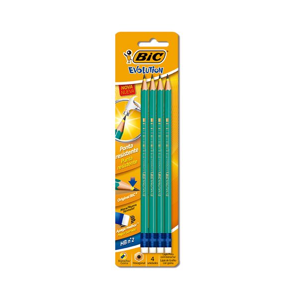 Lápis Grafite Bic Evolution Hexagonal HB Nº2 com Borracha 4 Unidades