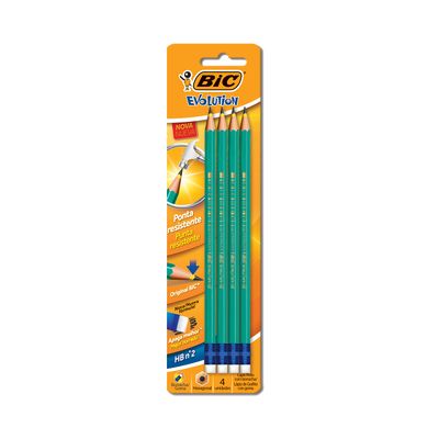 Lápis Grafite Bic Evolution Hexagonal HB Nº2 com Borracha 4 Unidades