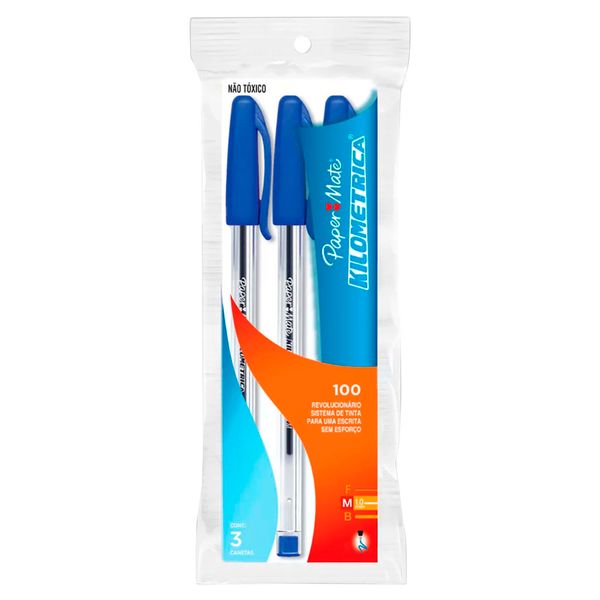 Caneta Esferográfica Papermate Km 100 Retrátil 1.0mm Azul com 3 Unidades
