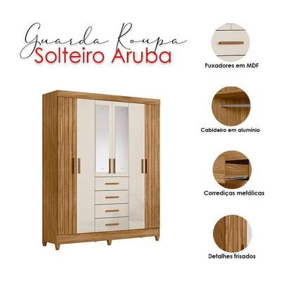 Guarda Roupa Solteiro Aruba Com Espelho E Cômoda Texas Freijó Off White – Moval