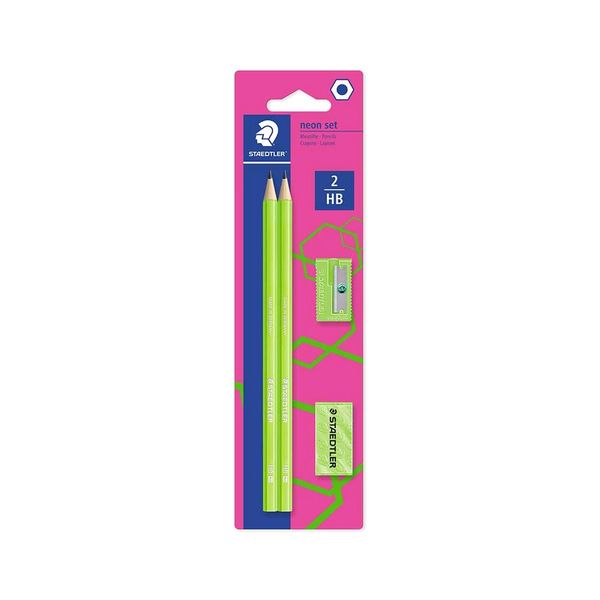 Kit Escrita Staedtler Neon Verde com 2 Lápis Grafites Wopex, 1 Borracha e 1 Apontador Basic