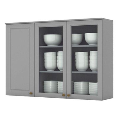 Armário Aéreo 3 Portas Com Vidro 120 Cm Americana Cinza – Henn