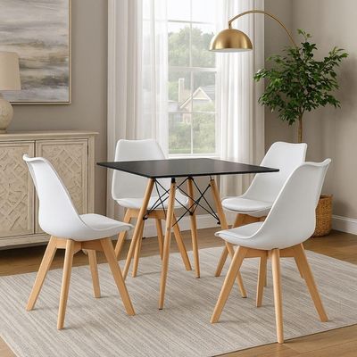 Mesa Moderna Quadrada Eiffel Eames 90cm Preta E 4 Cadeira Leda Ergonomica Moderna Branca