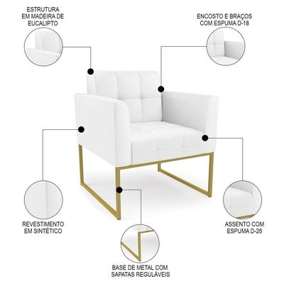 Poltrona Base Industrial Dourado Kit 2 Ana Sintético Branco - Ibiza