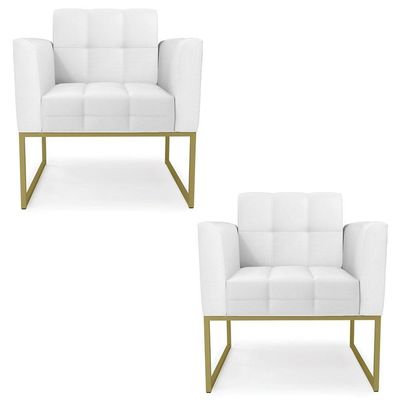 Poltrona Base Industrial Dourado Kit 2 Ana Sintético Branco - Ibiza