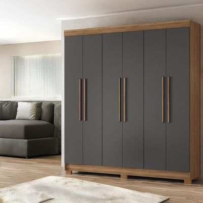 Guarda-Roupa Casal Santos Andirá Toledo com 6 Portas, 2 Gavetas e 5 Prateleiras 194,4cm de largura Jatobá com Grafite
