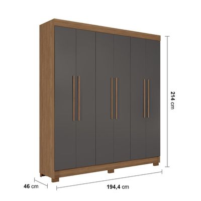 Guarda-Roupa Casal Santos Andirá Toledo com 6 Portas, 2 Gavetas e 5 Prateleiras 194,4cm de largura Jatobá com Grafite