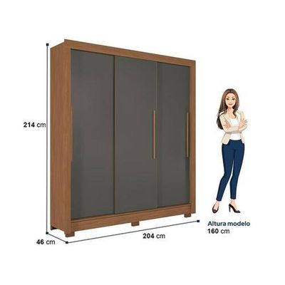 Guarda-Roupa Casal Santos Andirá Maringa com 3 Portas de Correr, 2 Gavetas e 5 Prateleiras 194,4cm de largura Jatobá com Grafite