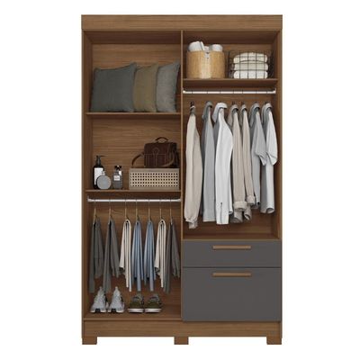 Guarda-Roupa Solteiro Santos Andirá Londrina com 4 Portas, 2 Gavetas e 3 Prateleiras 130cm de largura Jatobá com Grafite