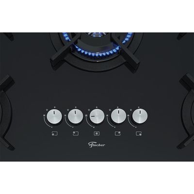 Cooktop 5 Bocas Fischer Infinity Trempe De Ferro Tripla Chama à Gás Mesa De Vidro Preto Bivolt