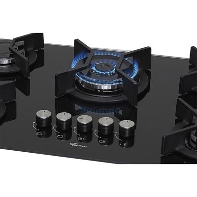 Cooktop 5 Bocas Fischer Infinity Trempe De Ferro Tripla Chama à Gás Mesa De Vidro Preto Bivolt