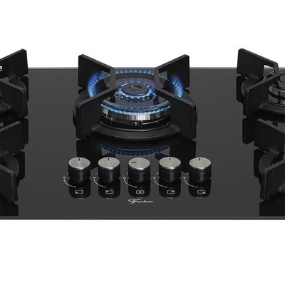 Cooktop 5 Bocas Fischer Infinity Trempe De Ferro Tripla Chama à Gás Mesa De Vidro Preto Bivolt