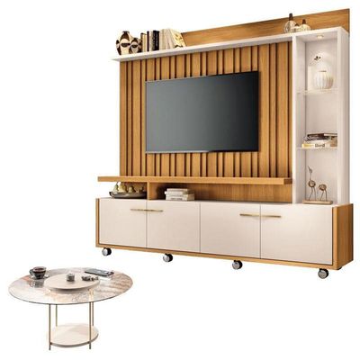 Estante Home Theater Titan Off White Cinamomo E Mesa De Centro Sky Com Tampo De Vidro Off White - Hb Móveis