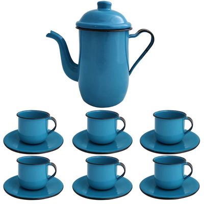 Kit Bule De Café E Chá Com 6 Xícaras e Pires Aço Esmaltado Azul