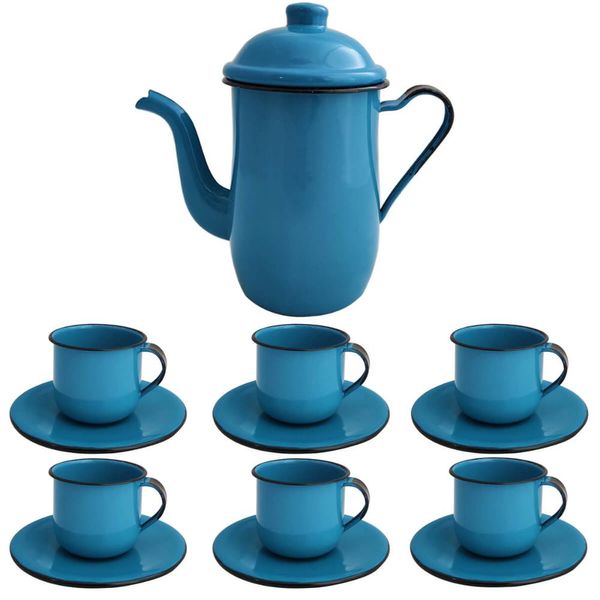 Kit Bule De Café E Chá Com 6 Xícaras e Pires Aço Esmaltado Azul