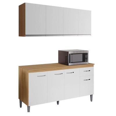 Balcão De Cozinha Gabriela Com Tampo 150cm E Armário Aéreo Andréia Amêndoa Branco - Ajl