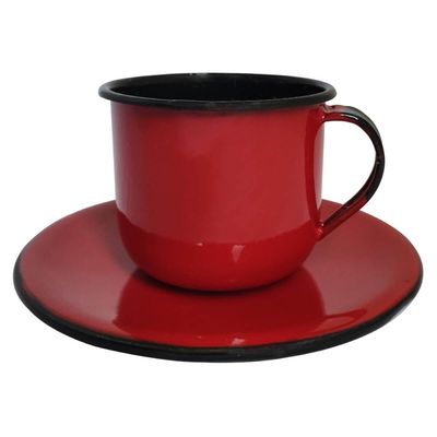 Caneca Esmaltada Xícara Com Pires Para Chá Café 180ml Vermelho