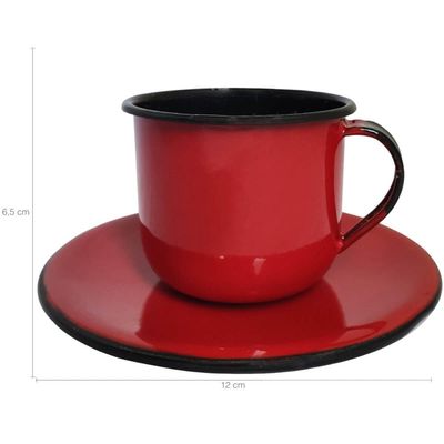 Caneca Esmaltada Xícara Com Pires Para Chá Café 180ml Vermelho