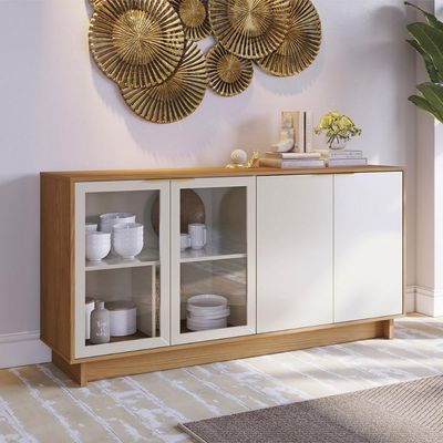 Aparador Buffet Vitoria 2 Portas Mdp 2 Vidro E Prateleiras Freijo-off White Freijo-off White