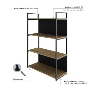 Estante C/04 Prateleiras 118x80x33cm C/fundo Yon Vermont Oak/est.preta Vermont Oak/est.preta