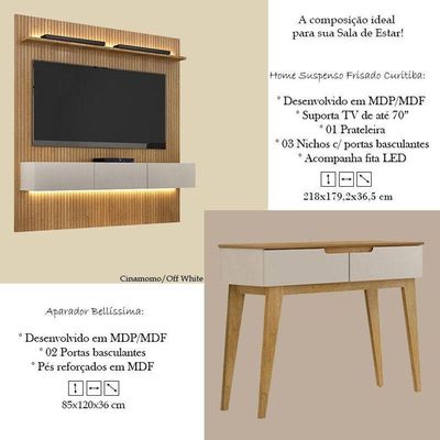 Home Suspenso Frisado Curitiba 180 Com Led E Aparador Bellíssima Cinamomo Off White - Valdemóveis