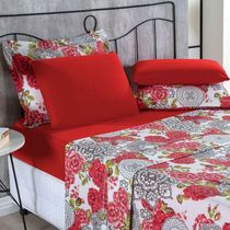 Jogo De Cama Malha Lençol 100% Algodão Primavera 4 Peças King - Floral elegante na cor Vermelho