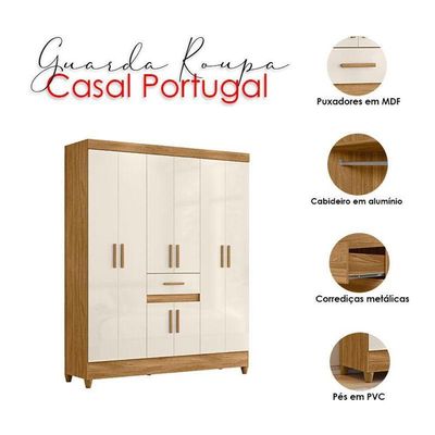 Guarda Roupa Casal Ambiente Portugal 8 Portas Freijó Off White - Moval