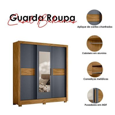 Guarda Roupa Casal Bahamas 3 Portas Freijó Cinza Com Espelho - Moval