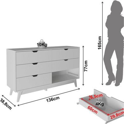 Cômoda De 136cm Com 6 Gavetas E Pé Cônico Branco
