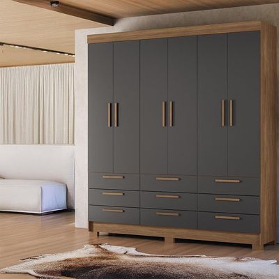 Guarda-Roupa Casal Santos Andirá Colombo com 6 Portas, 9 Gavetas e 4 Prateleiras 194,4cm de largura Jatobá com Grafite