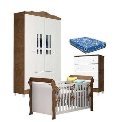 Quarto De Bebê Ariel 4p Gaveteiro E Berço Lara Branco Acetinado Amadeirado Com Colchão – Carolina